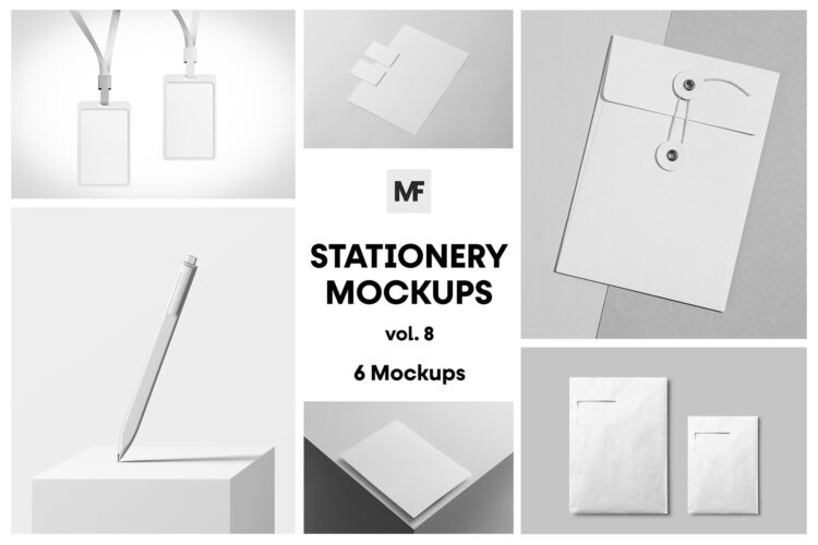 Stationery Products Mockups vol.8 圆珠笔名片公文袋信头ID卡套模型展示设计贴图psd文具样机素材6款