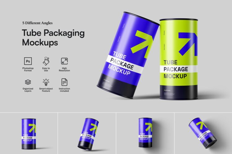 Tube Packaging Mockups 5款圆柱纸板管模型品牌包装设计贴图psd样机素材