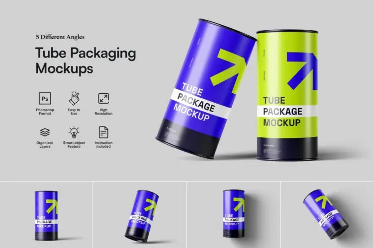 Tube Packaging Mockups 5款圆柱纸板管模型品牌包装设计贴图psd样机素材