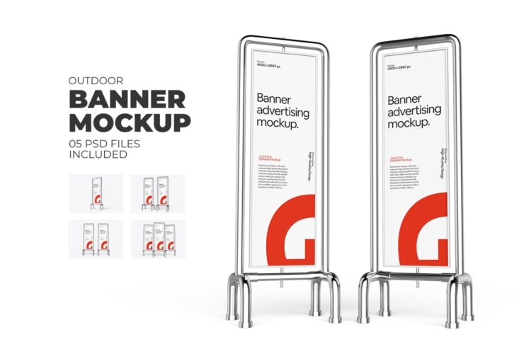 Vertical Banner Sign Mockup 5款金属支架垂直横幅营销广告牌模型展示设计贴图ps样机素材