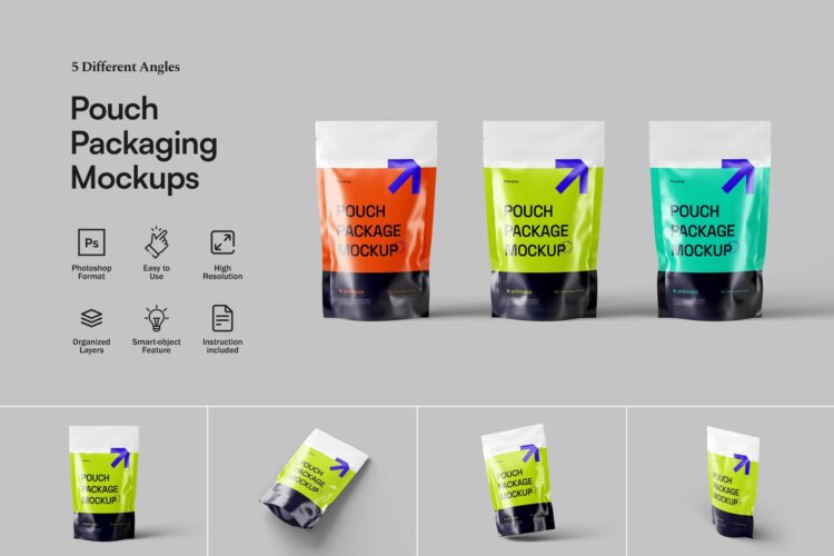 Pouch Packaging Mockups 5款咖啡食品塑料自立包装袋模型品牌logo标识设计贴图ps样机素材模板