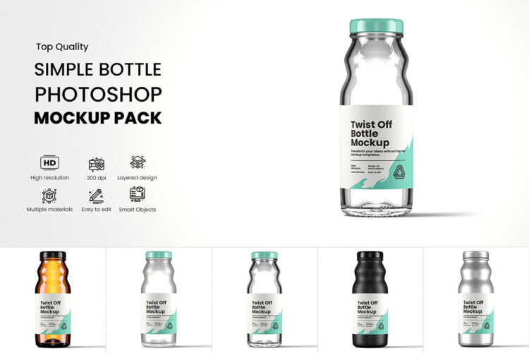 Twist Off Juice Bottle Mockup Pack 5款果汁饮料磨砂透明玻璃瓶模型瓶身包装标签设计贴图ps样机素材