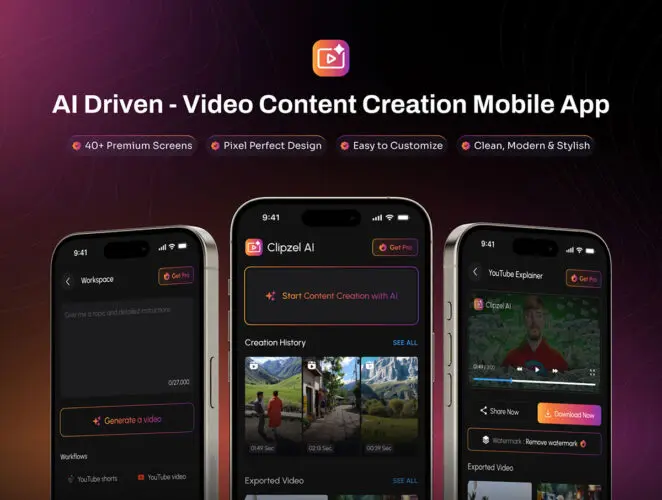 Clipzel – AI Powered Video Creation Mobile App 深色AI人工智能社交短视频剪辑生成器App应用UI界面figma套件模板