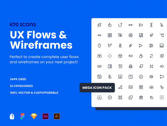 UX Flows & Wireframes Mega Icon Pack 670款多用途手机icon图标下载