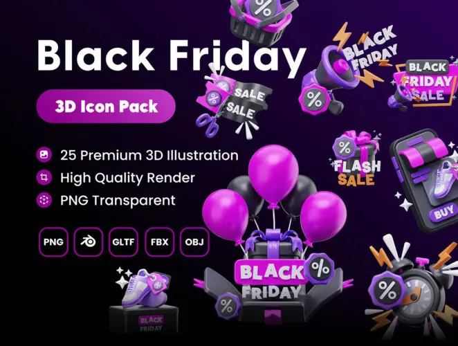 Black Friday 3D Illustrations Pack 25款黑色星期五电商打折促销优惠活动3D图标icon素材webp免抠图文件