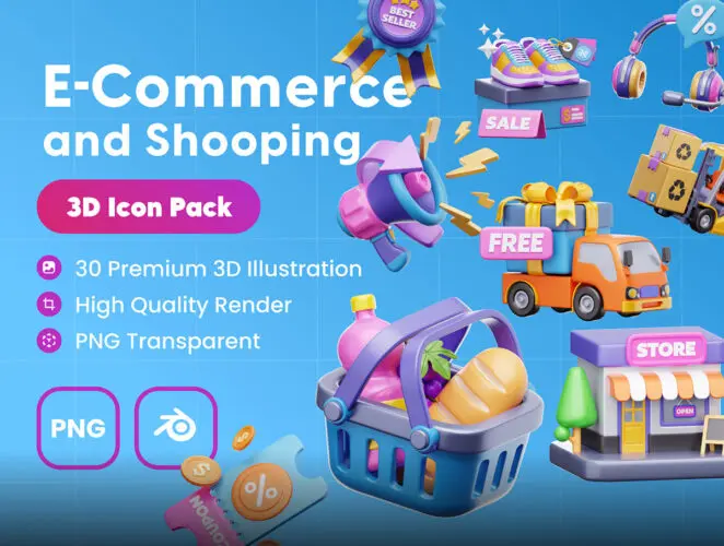 E-Commerce 3D Illustrations 30款3D趣味卡通电商金融购物插图插画icon图标webp免抠图片素材