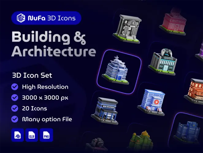 Building & Architecture 3D Icon Set 20款房屋建筑地标插图插画设计素材webp免抠图片