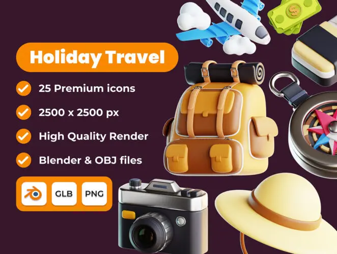 Holiday Travel 3D Illustration Pack 25款旅行度假旅游游玩3D图标icon设计素材webp免抠图片