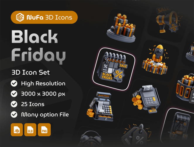 3D Black Friday Icon Set 25款黑色星期五电商打折促销优惠活动3D图标icon素材png免抠图文件