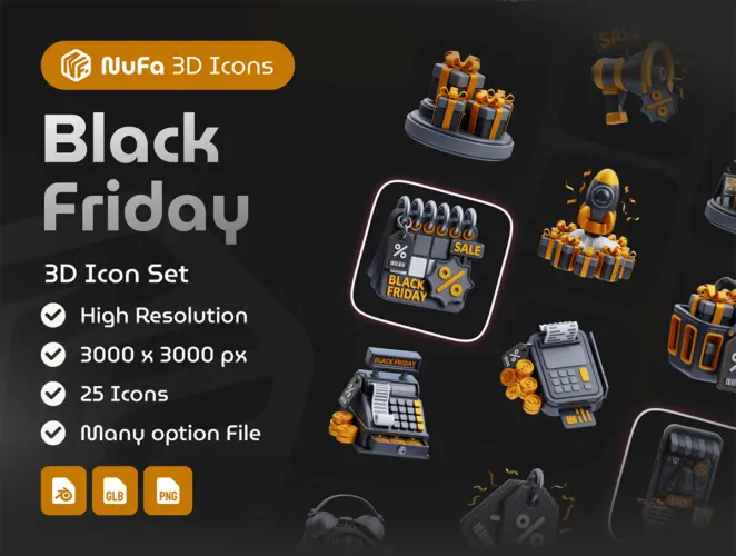 3D Black Friday Icon Set 25款黑色星期五电商打折促销优惠活动3D图标icon素材webp免抠图文件