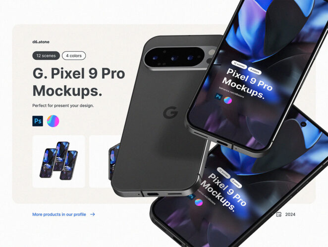 Google Pixel 9 Pro Mockups 谷歌Pixel 9 安卓手机UI界面设计作品贴图ps样机素材展示效果图Spline文件