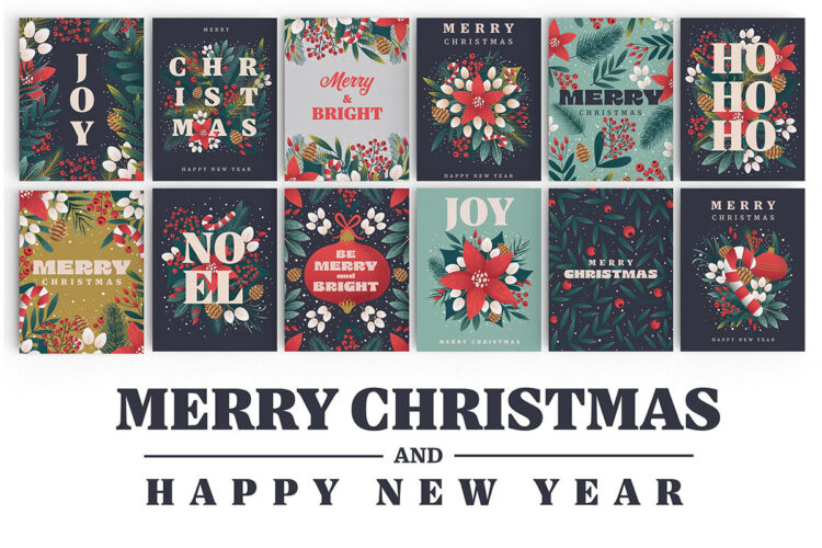 Christmas and Happy New Year cards 12款时尚圣诞节新年贺卡主视觉海报封面设计ai矢量装饰设计素材