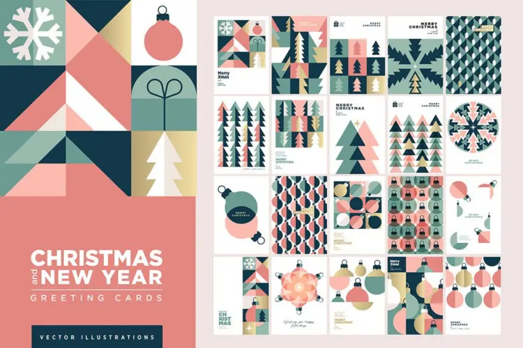 Christmas and New Year Cards Collection 40款极简时尚抽象几何圣诞节新年创意海报贺卡封面ai矢量设计素材