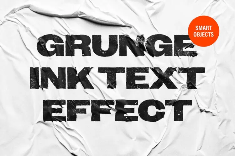 Grunge Ink Poster Text Effect 褶皱胶合海报墨印打印文本字母logo标题ps特效样机素材
