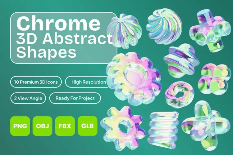 Chrome 3D Abstract Shapes 3D多彩梦幻抽象艺术几何图形webp免抠图设计素材