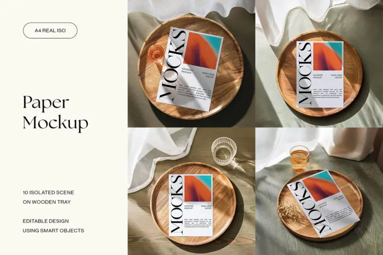 A4 Paper Mockup on Wooden Tray 木托盘上的A4单页传单海报纸张模型展示设计贴图ps样机素材