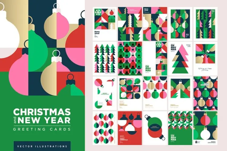 Set of Christmas and New Year Cards 20款简约时尚扁平圣诞节新年贺卡封面海报设计ai矢量素材源文件