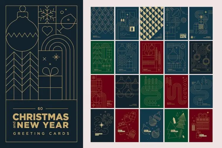 Merry Christmas and Happy New Year 60款时尚极简抽象几何装饰圣诞节新年贺卡封面海报设计矢量素材