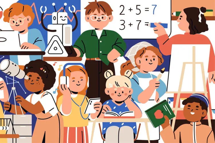 School kids crowd studying. Education concept 小学生们在一起学习场景插画