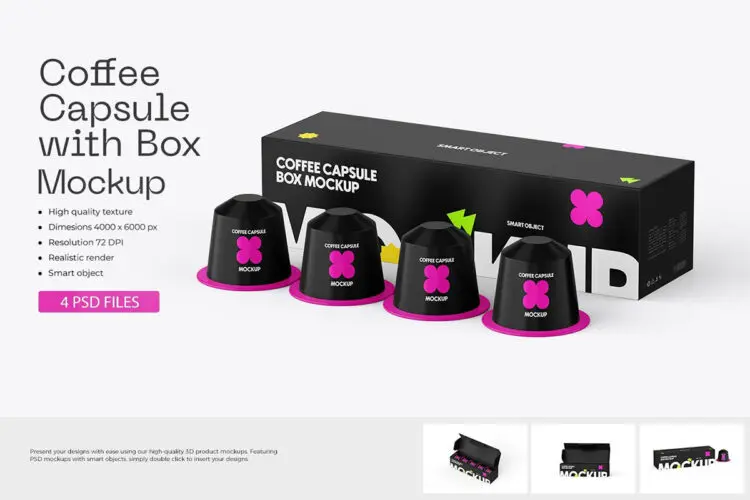 Coffee Capsule Packaging Box Mockup 浓缩胶囊咖啡粒ps产品包装设计样机素材psd模板mockup智能图层