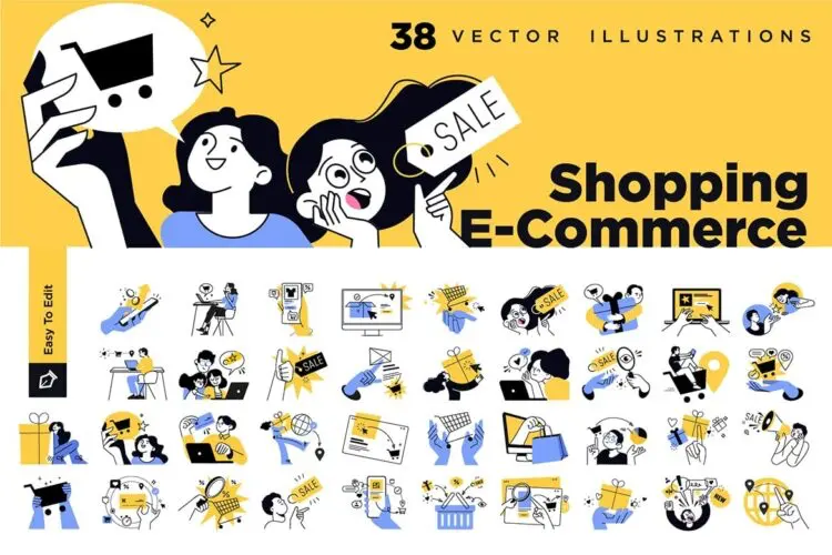 Shopping and E-commerce Concept Illustrations 手绘人物社交电商营销场景演示插图插画矢量设计素材