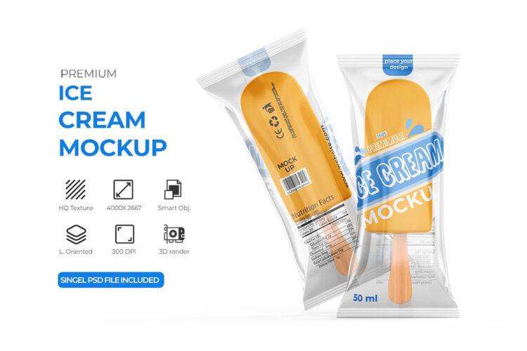 Ice Cream Packet Mockup 冰激凌雪糕棒冰品牌包装logo设计贴图ps样机素材模板