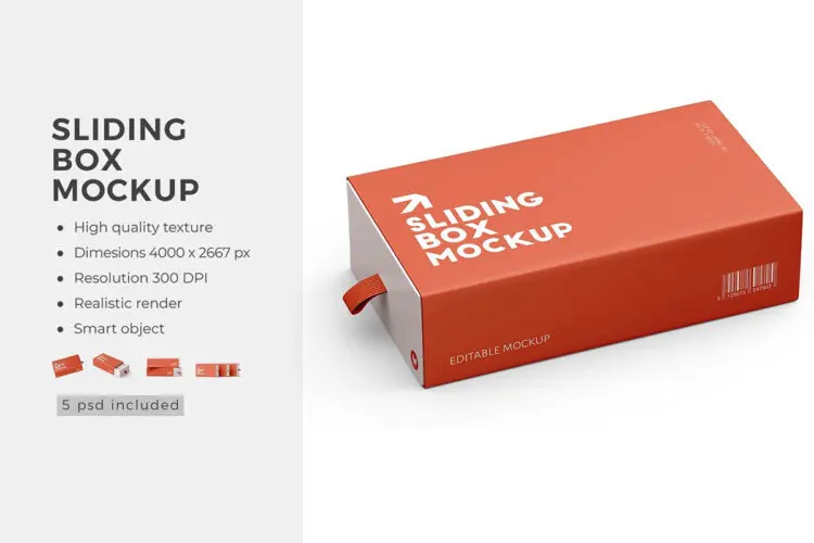 3D Sliding Box Mockup 长方形抽拉式礼物盒抽屉纸盒产品包装设计ps样机展示效果图