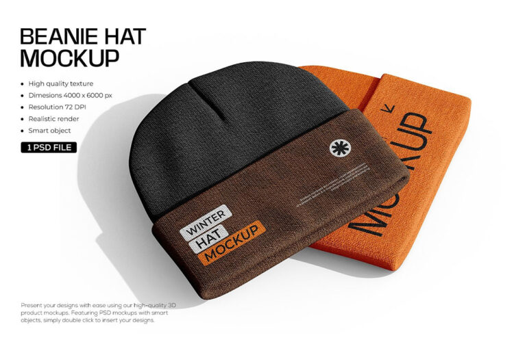 Casual Beanie Hat Mockup 无檐保暖毛线帽模型品牌logo标识设计贴图ps样机素材