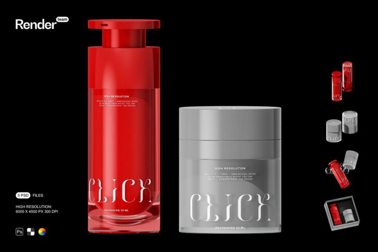 Cosmetic Mockup Set 5款护肤品精华乳液面霜美妆产品礼盒包装ps样机素材展示效果图