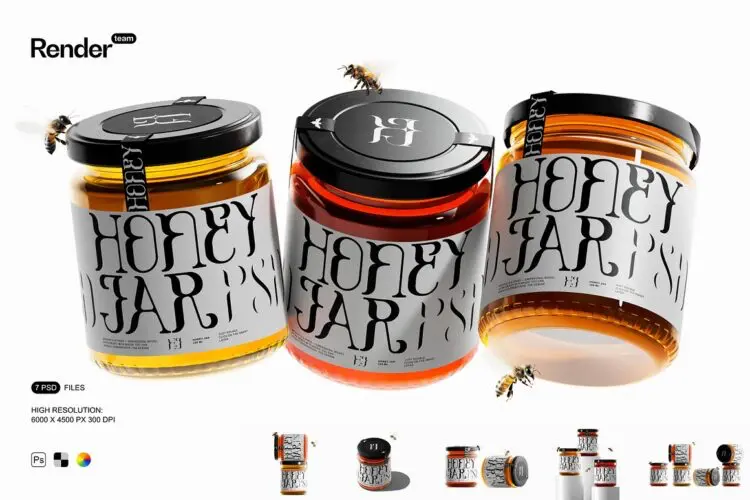 Honey Jar Mockup Set 7款玻璃罐蜂蜜果酱密封分装瓶产品包装设计作品ps样机展示效果图