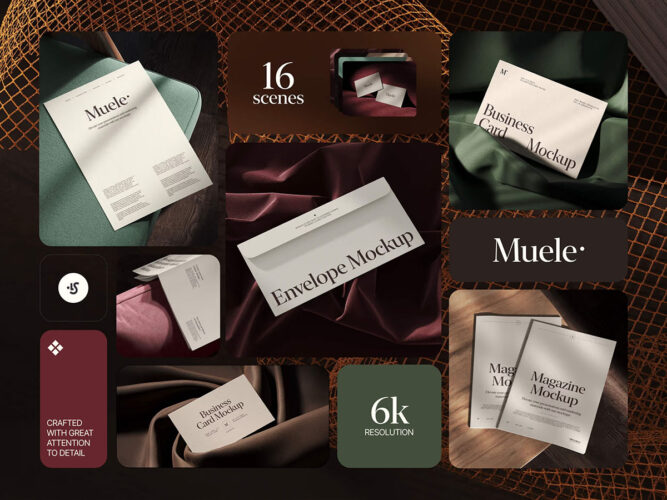 Muele Branding Mockups 16款复古优雅光影名片信封信纸画册封面设计ps样机素材展示效果图