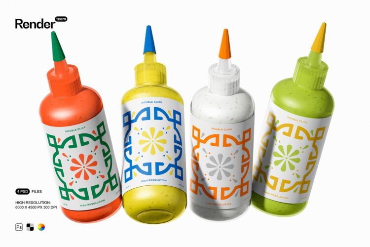 Sauce Bottle Mockup Set 4款番茄色拉调味料挤酱瓶塑料分装瓶包装设计ps样机展示效果图