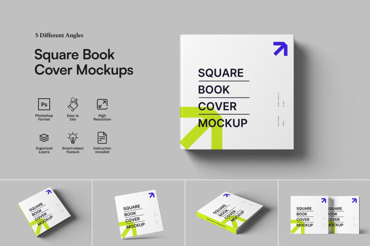 Square Book Cover Mockups 精装硬面方形书本书籍模型封面展示设计贴图ps样机素材