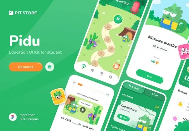 Pidu – Learning English App UI Kit 50多屏趣味卡通学习英语应用程序 UI 套件