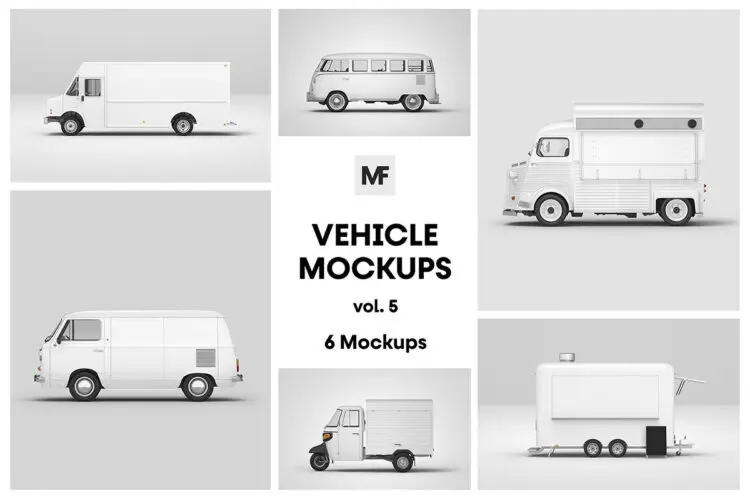 Vehicle Mockups vol.5 面包车货车运输车餐车模型车身展示设计贴图ps样机素材