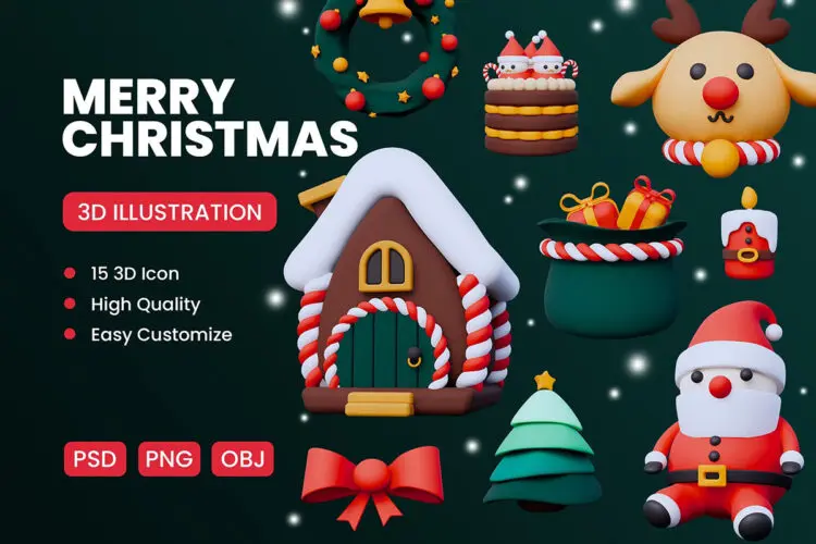 Merry Christmas 3D Icon 15款3D趣味圣诞节新年跨年icon图标插画PNG插图OBJ模型设计套装