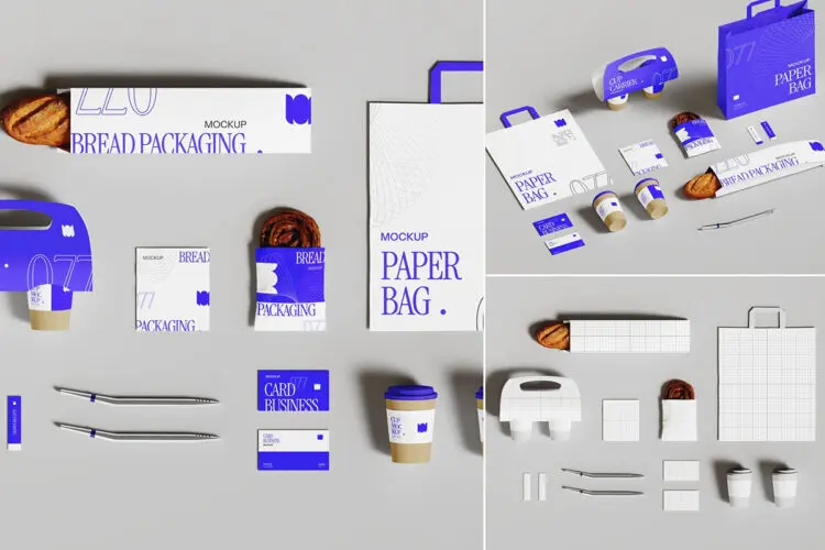 Cafe Branding Mockup 2款极简平铺cafe咖啡面包VI品牌包装袋名片卡片纸杯纸袋设计展示PSD样机