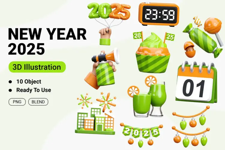 New Year 3D Icon Illustration 20款2025年新年庆典节日派对主题元素3D图标icon素材webp免抠图片