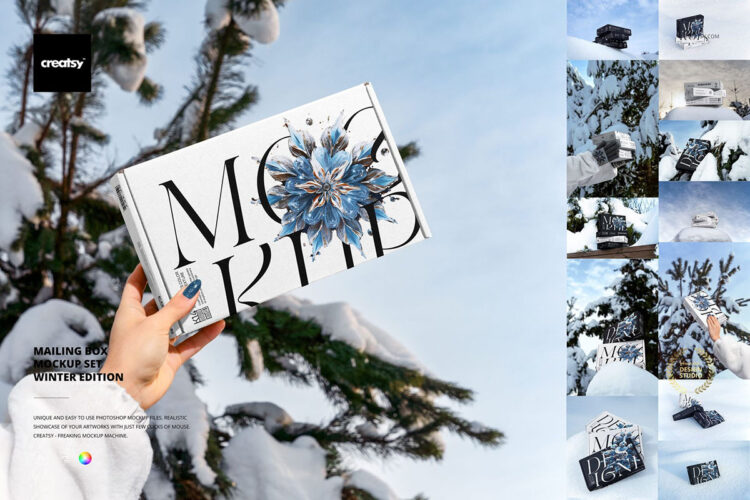 Mailing Box Mockup Set – Winter Edition 13款冬季雪地快递打包盒圣诞礼盒纸盒包装ps样机场景展示效果图