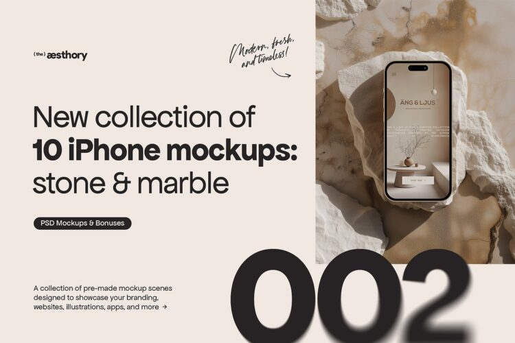 10 iPhone Mockups Stone & Marble 10款自然光影岩石侘寂风iPhone手机ins社媒公众号作品展示ps样机