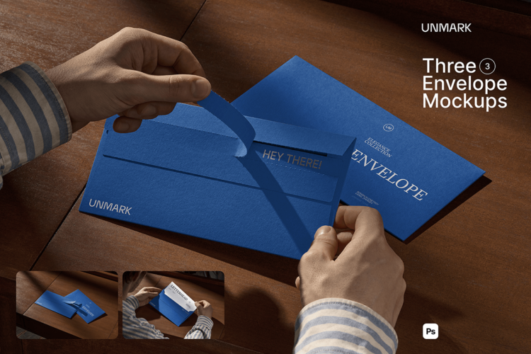Envelope Mockups Bundle 3款可撕拉手持信封信纸请柬邀请函文具设计ps样机场景展示效果图