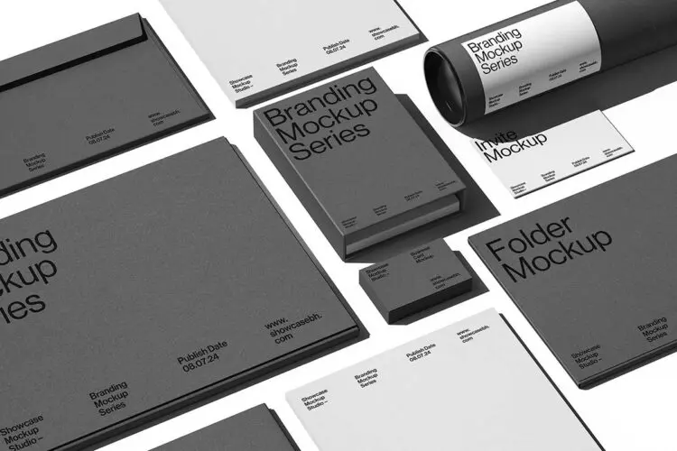GREY_Branding Mockup Bundle 10款信封信纸纸管文件夹名片文具品牌VI应用设计ps样机展示效果图