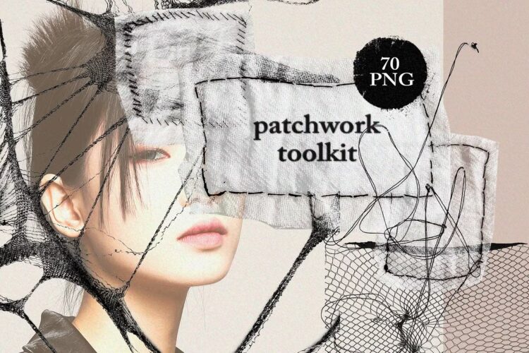 Patchwork Textile Collage Toolkit 潮流复古颓废叛逆暗黑垃圾美学解构织物混合拼贴png免抠图片素材