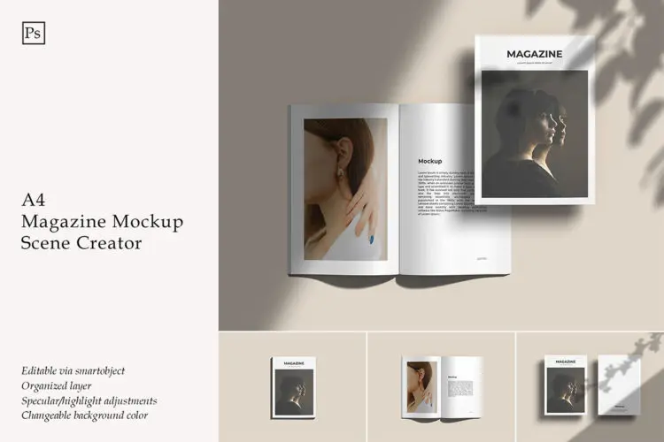 A4 Magazine Mockup – Scene Creator 时尚极简杂志模型封面内页翻页设计贴图ps样机素材