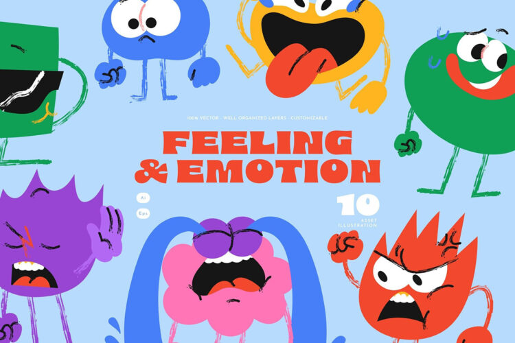 Blue Emotion and Feeling Illustration Set 趣味可爱卡通拟人形象表情插图插画矢量设计素材