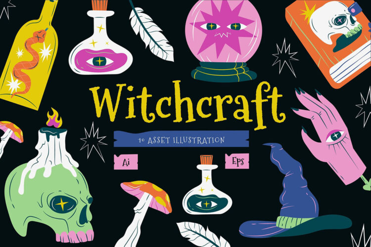 Black Flat Design Witchcraft Illustration Set 万圣节巫术炼金恐怖惊悚元素剪切画插图插画矢量设计素材