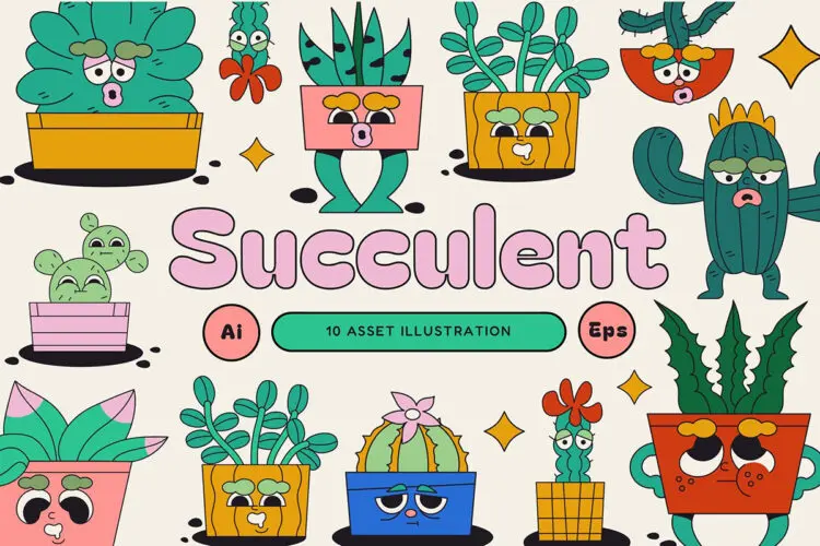 White Flat Design Succulent Illustration Set 趣味可爱手绘卡通拟人仙人掌植物剪切画插图插画矢量设计素材