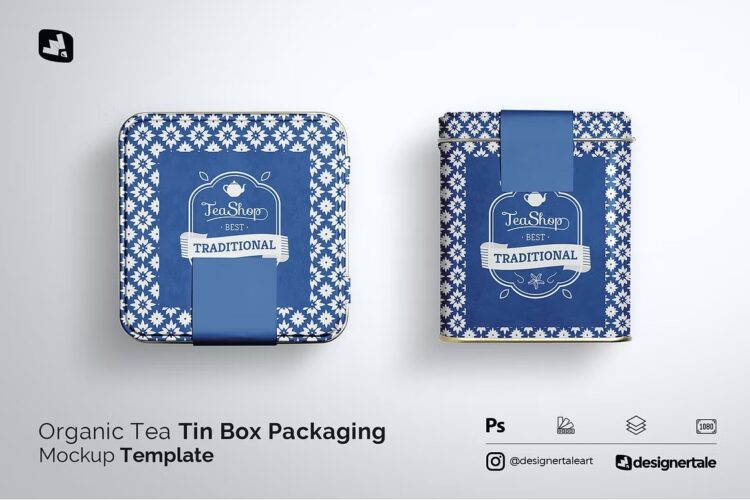 Organic Tea Tin Box Packaging Mockup 方形茶叶罐密封储物罐包装设计作品贴图ps样机素材展示效果