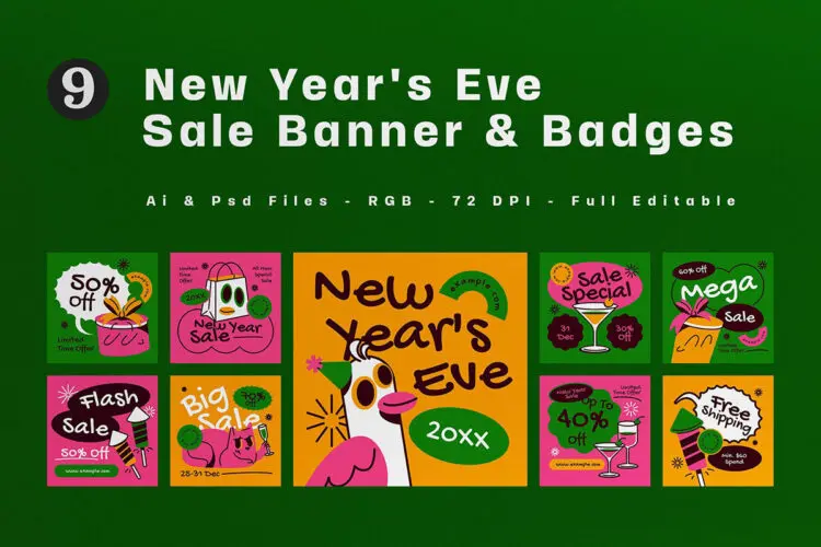 Pink Quirky New Year’s Eve Sale Banner 9款创意时尚新年促销折扣大促banner手绘插画广告ai矢量设计素材