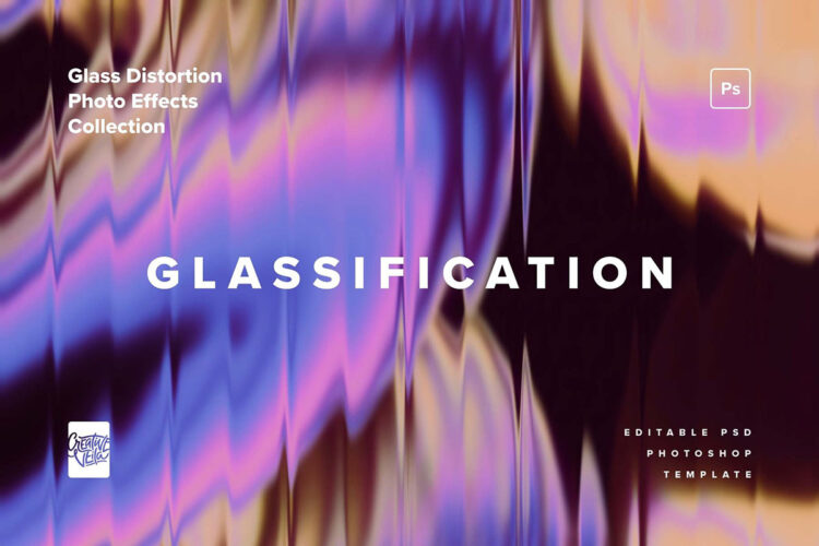 Glass Distortion Photo Effects 10款时尚条纹长虹磨砂雾面半透明艺术晶格玻璃滤镜ps特效样机模板